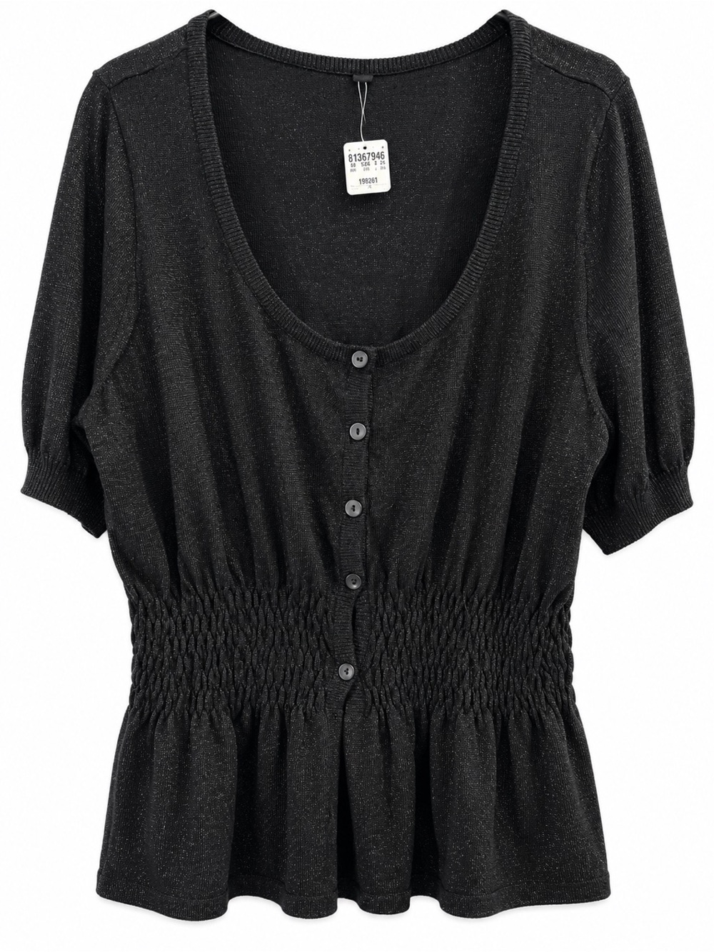 Black Button-Front Smocked Waist Women's Top
